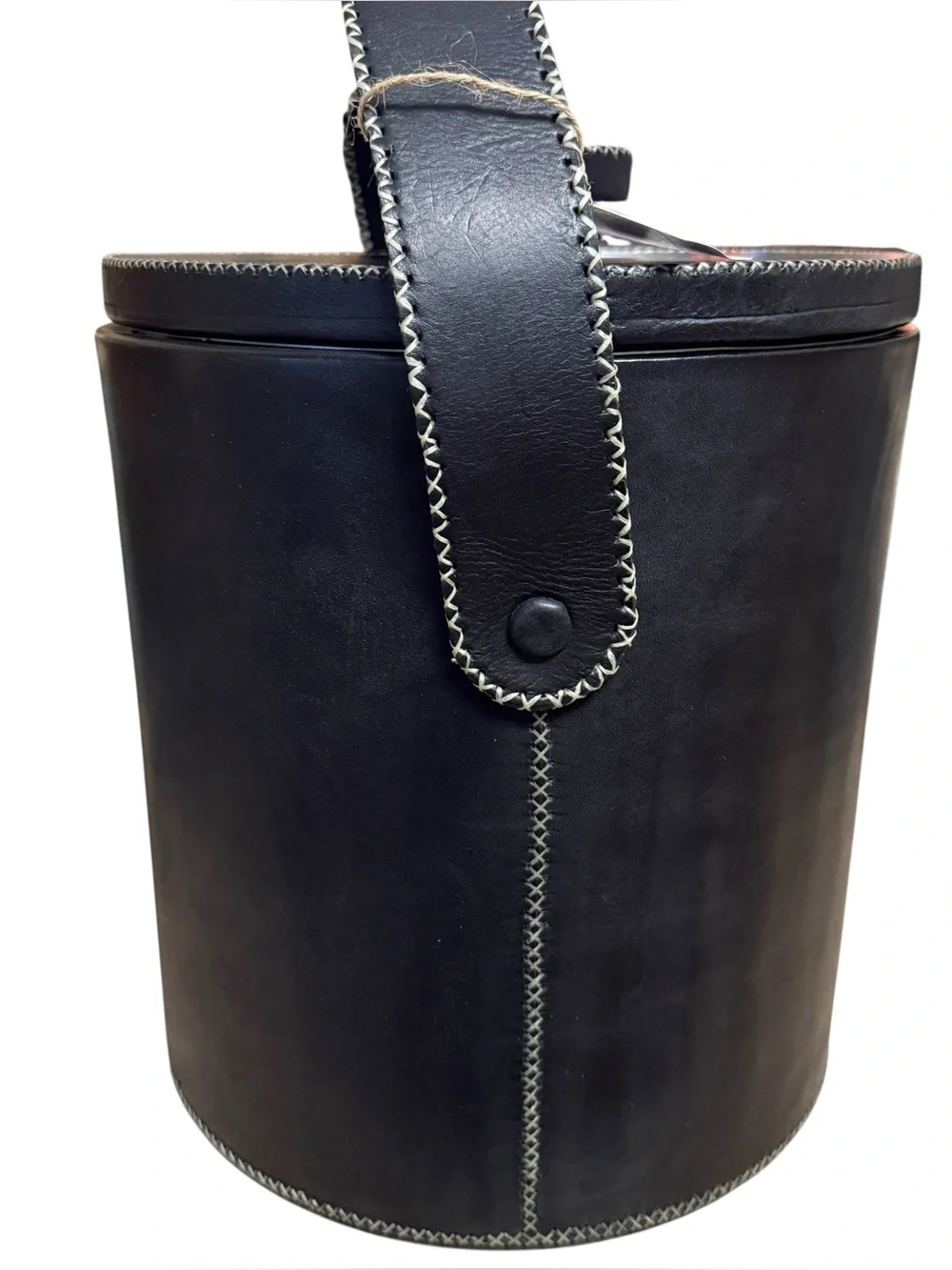NWT Sol & Luna Black Leather Ice Bucket PN925 Cream Stitching